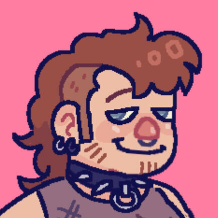 A drawing of the Kowi's face, who is a fat pale skinned person with grey eyes and a curly brown mohawk mullet, in front of a pink background. They're wearing a spiked collar a mesh top, and have pierced ears and a septum ring.