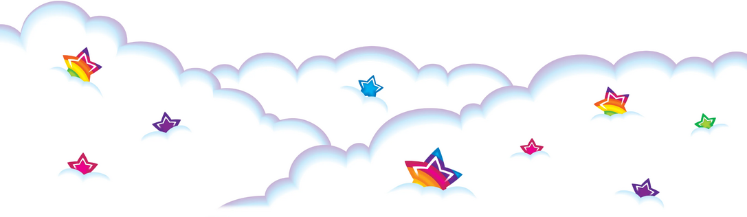 White fluffy Lisa Frank clouds with rainbow stars scattered amongst them.